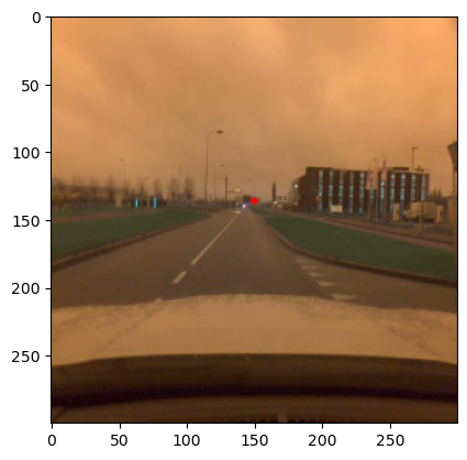 Road scene annotated with a vanishing point for camera calibration
